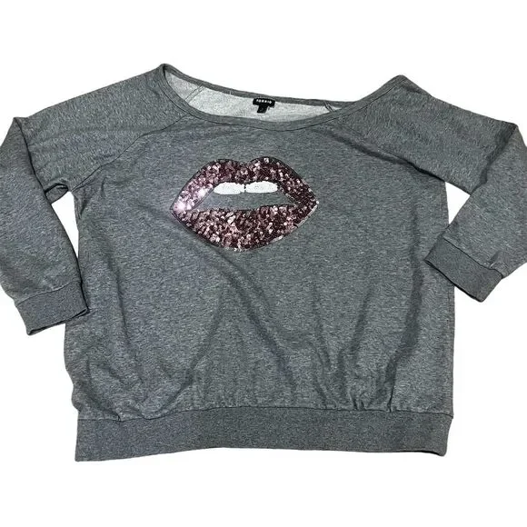 Torrid Women's Plus Size 3 Gray Off Shoulder Sweatshirt Pink Sequin Lips Casual - Picture 4 of 9